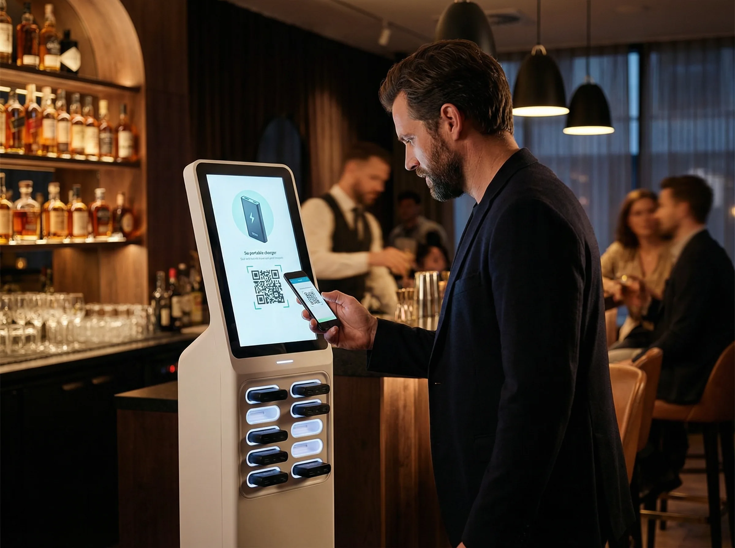 Guest at bar using Rayna charger station