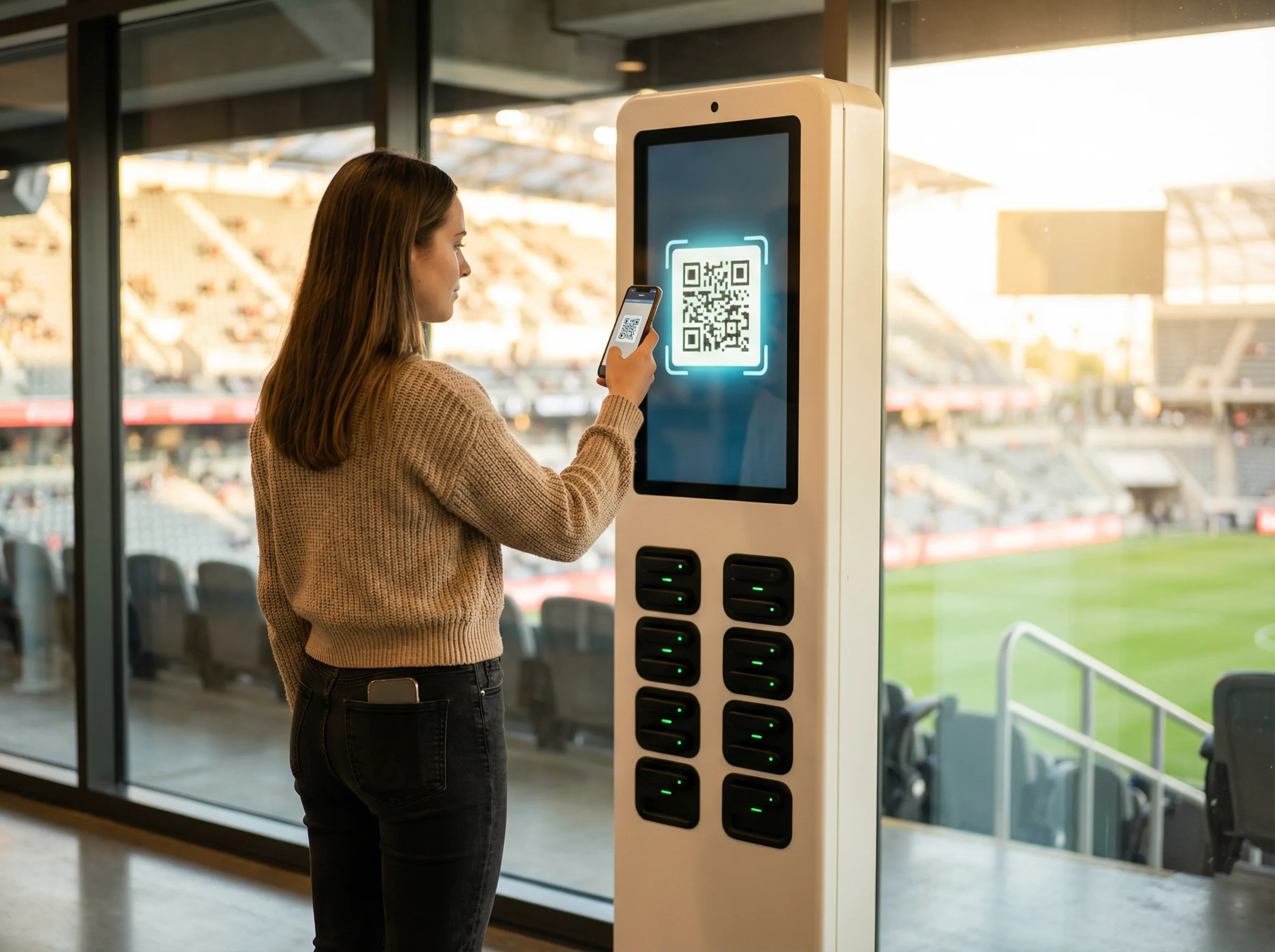 Guest using a Rayna phone charger rental kiosk